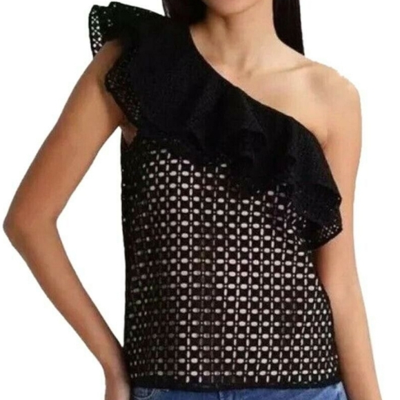 JCrew Black Eyelet One Shoulder Side Zipper Top.  Nude Underlay. Size 8 - Picture 4 of 4